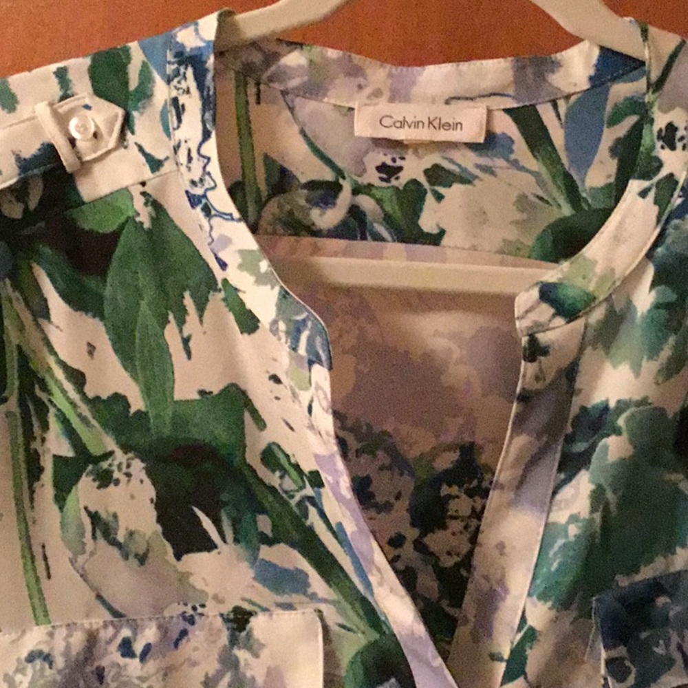 Calvin Klein long sleeve blouse. Multi colored blue green white black